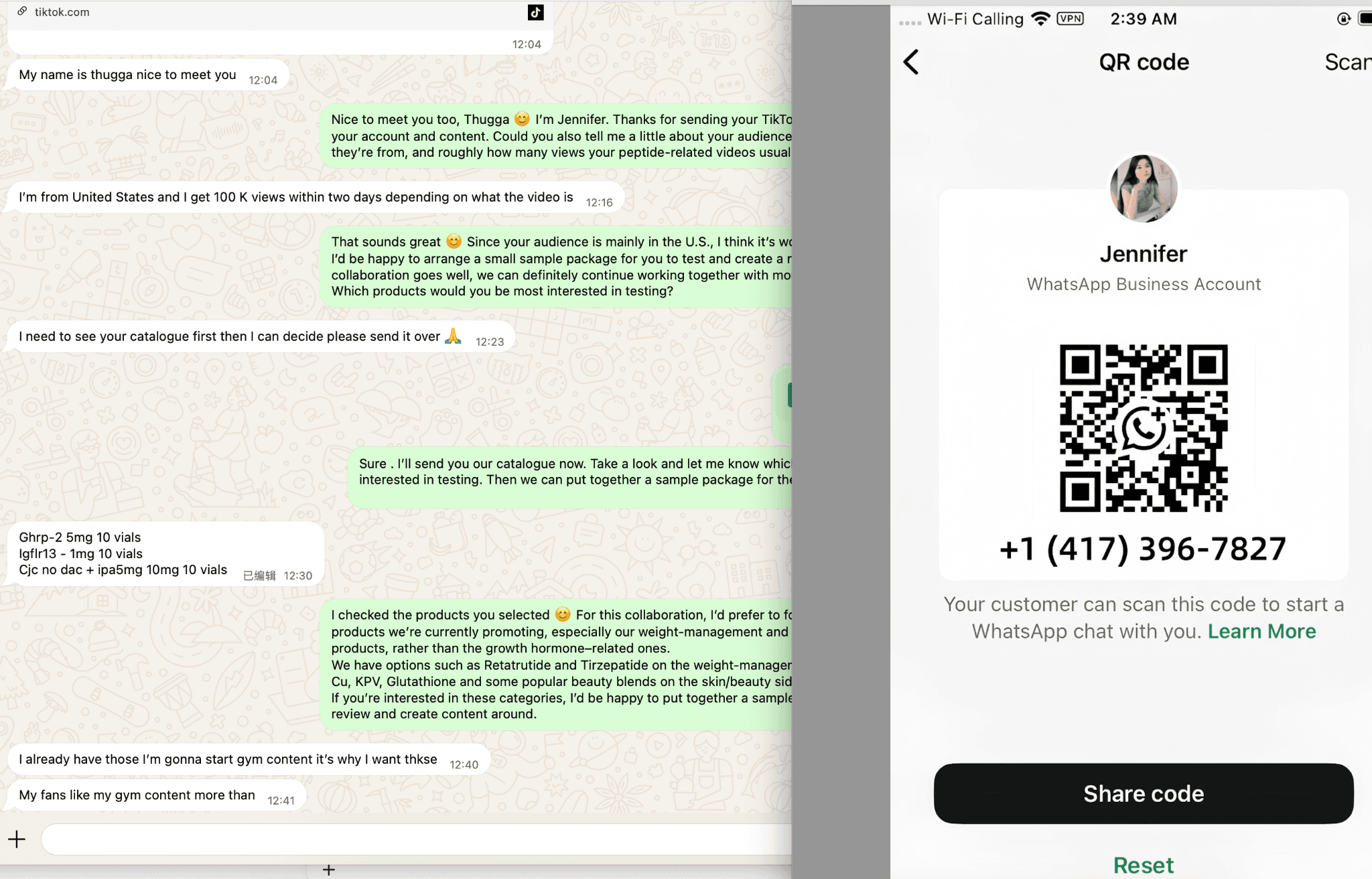 Detailed wholesale assistance customer conversation screenshot