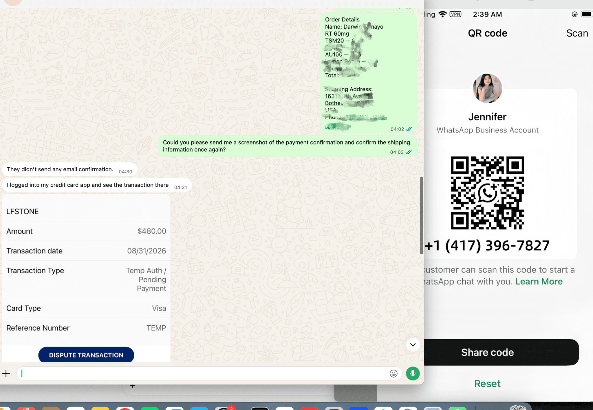 Transaction follow-up customer conversation screenshot