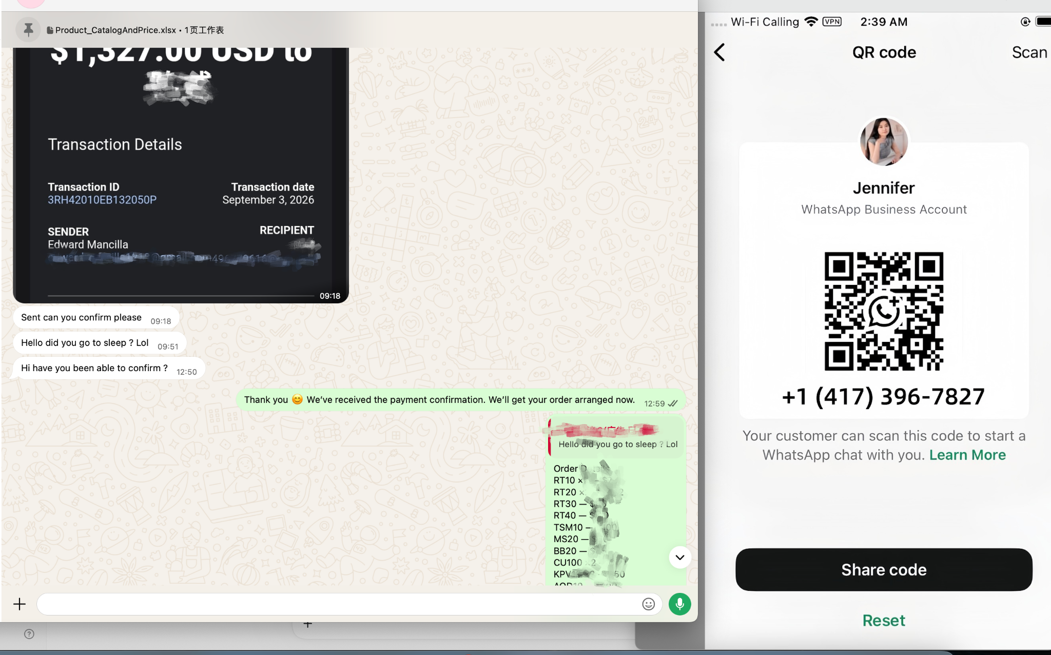 Order confirmation and follow-up customer conversation screenshot